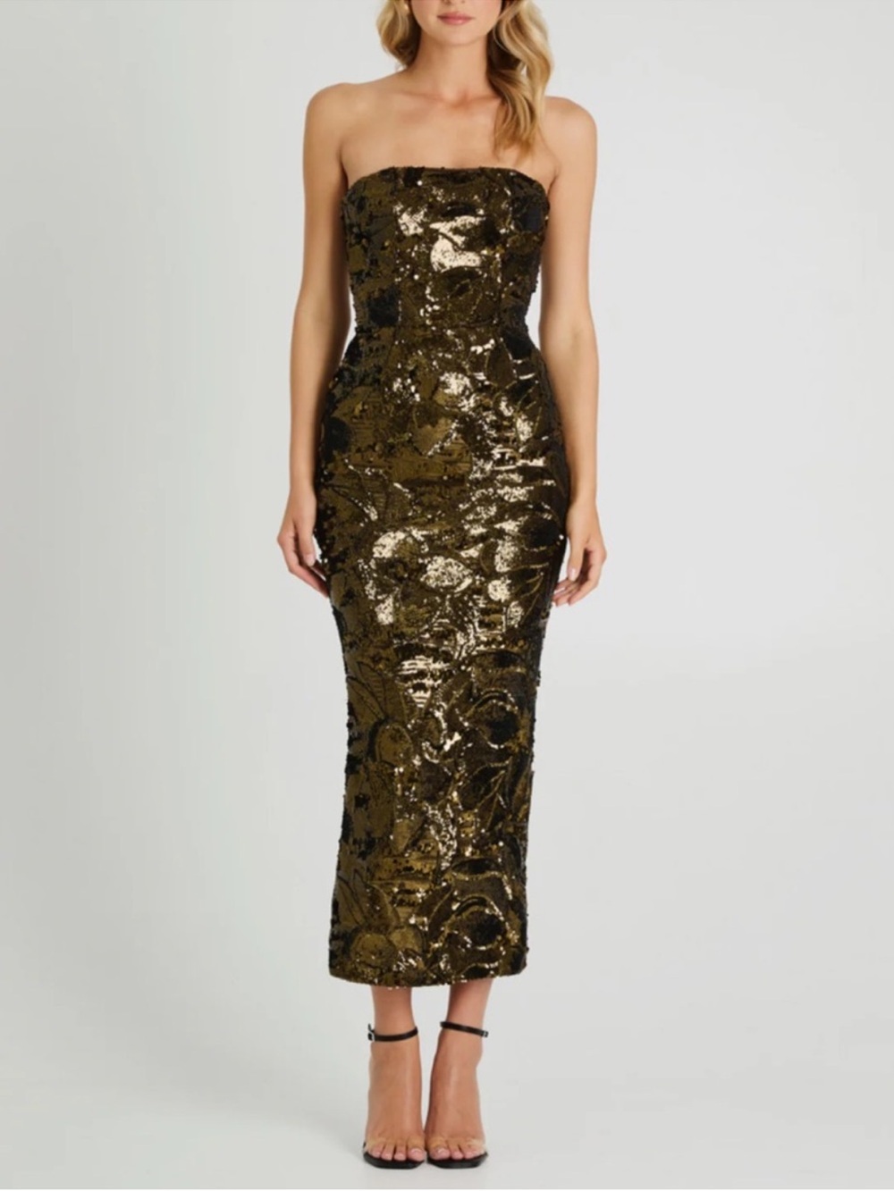 Helsi Leslie Strapless Sequin Midi Dress in Antique Bronze L